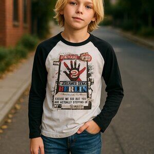 DESIGUAL Raglan Long Sleeve Tee Boys 6 7 Shirt Artsy Euro BERLIN Graffiti Grunge